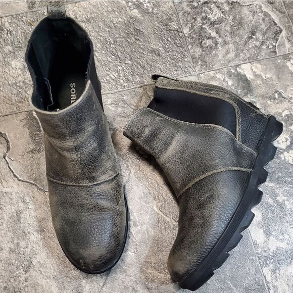 Sorel Joan Of Arctic Wedge II Distressed Quarry Gray Leather Chelsea Wedge Boots - Picture 2 of 9